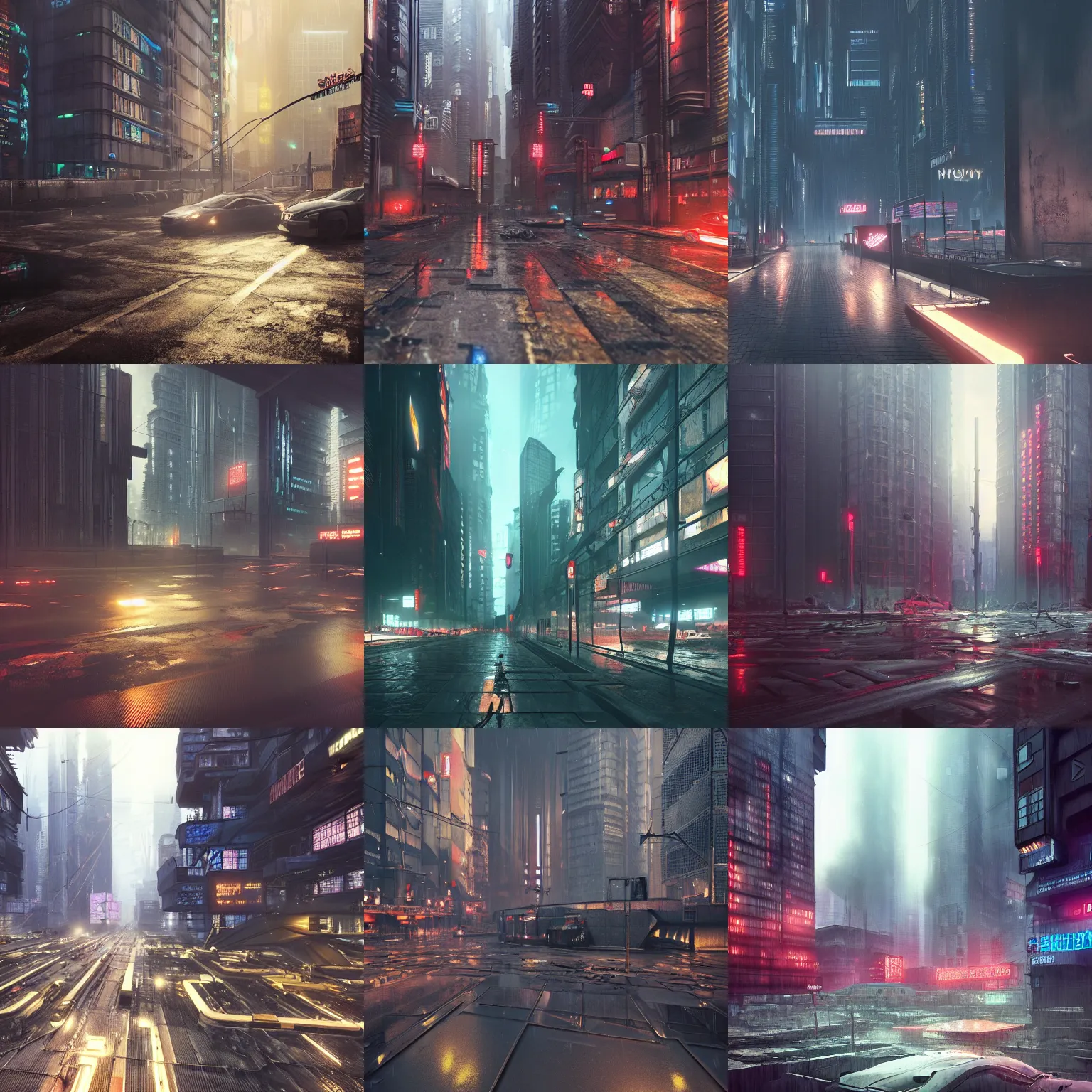 Prompt: dystopian cyberpunk city, rainy environment, ray tracing, render, artstation, photorealistic