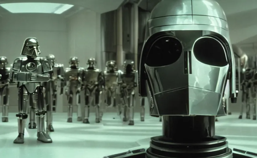 Prompt: screenshot portrait of Luke Skywalker with a fleet of a dozen chrome C-3P0 droids, iconic scene from 1980s film by Stanley Kubrick, 4k, cinematic still frame, surreal sci fi architecture, portrait photoreal, detailed face, moody lighting, stunning cinematography, hyper detailed, sharp, anamorphic lenses, kodak color film stock