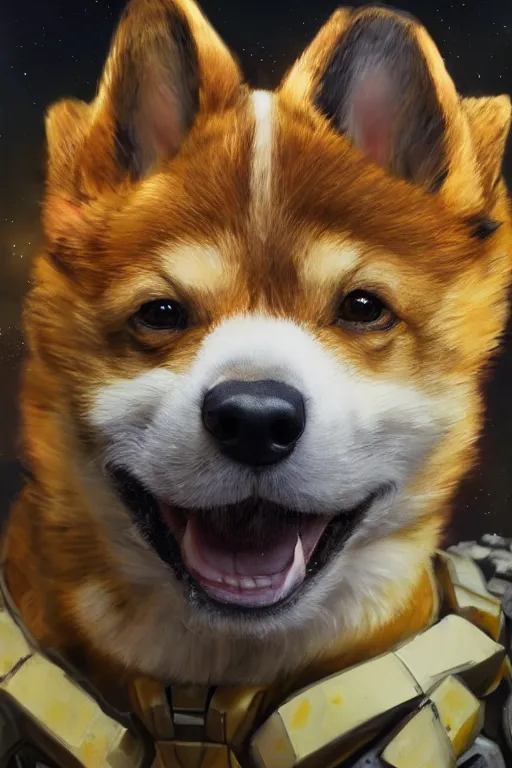 Image similar to master chief as a corgi, oil on canvas, intricate, portrait, 8 k highly professionally detailed, hdr, cgsociety