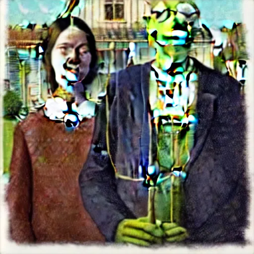 Image similar to kermit and elmo in the style of american gothic by grant wood