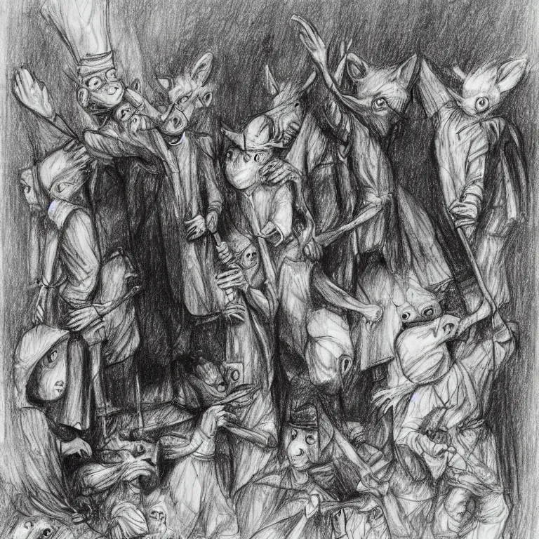 Prompt: a drawing in the style of stephen gammell of the pied piper of hamelin leading rats