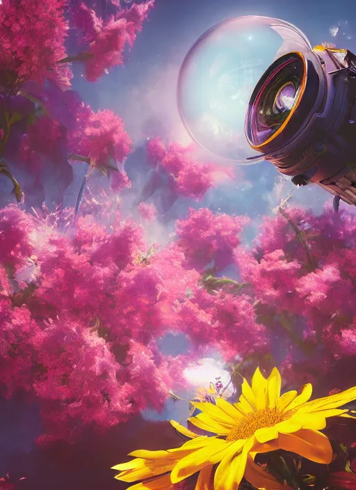 Image similar to An epic fantastic realism comic book style painting of the most beautiful flowers launched into space, bouquets, fisheye lens, unreal 5, DAZ, hyperrealistic, octane render, dynamic lighting