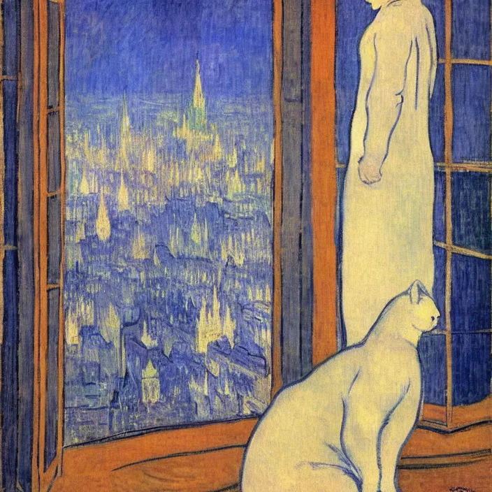 Prompt: woman in indigo dress with city with cathedral seen from a window frame at night. fuzzy white cat. monet, henri de toulouse - lautrec, utamaro, matisse, felix vallotton