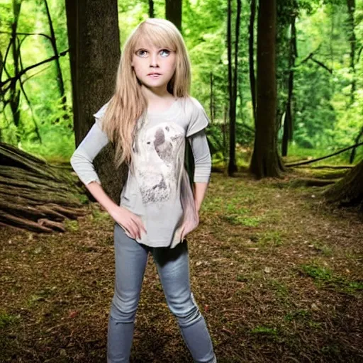Prompt: young seven year old girl, blond hair green eyes, rinding a gray wolf, in a dark forest, still from a pixar disney movie