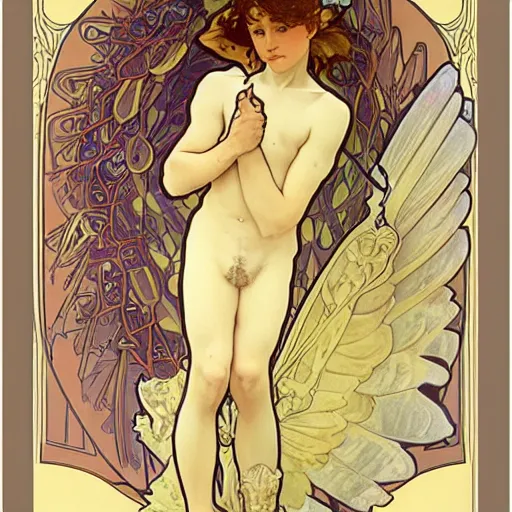 Prompt: ultra realistic illustration of fifteen year old winged boy angel, full body, male body, elegant study, art nouveau poster by alphonse mucha