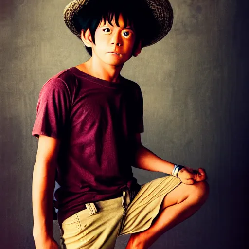 Image similar to photo of monkey d. luffy in real life, portrait photography by annie leibovitz, stanley kubrick, mid shot, rule of thirds, highly detailed, 4 k, hdr, smooth, sharp focus, hig