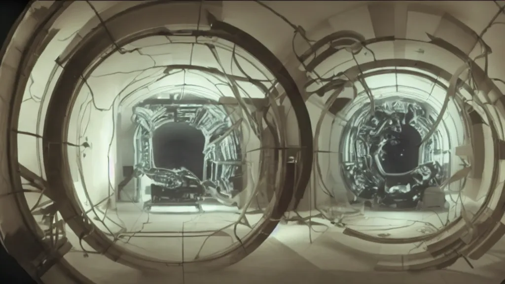 Image similar to an mri image open mri exposed uncovered machine portal in the living room, film still from the movie directed by denis villeneuve with art direction by salvador dali, wide lens