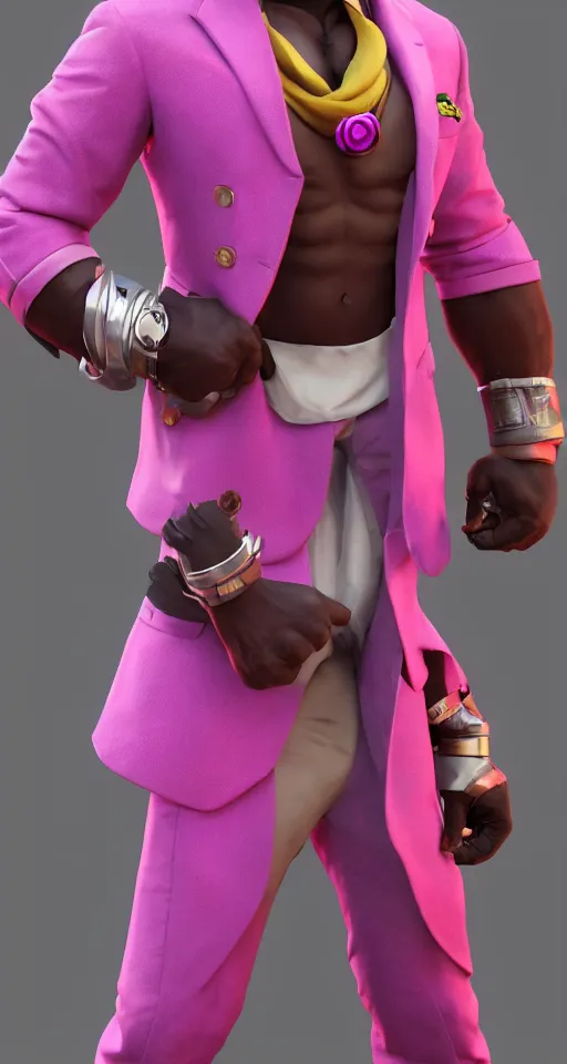 Image similar to doomfist, pink blazer, overwatch game, digital art, high detailed, artstation, 3 d render