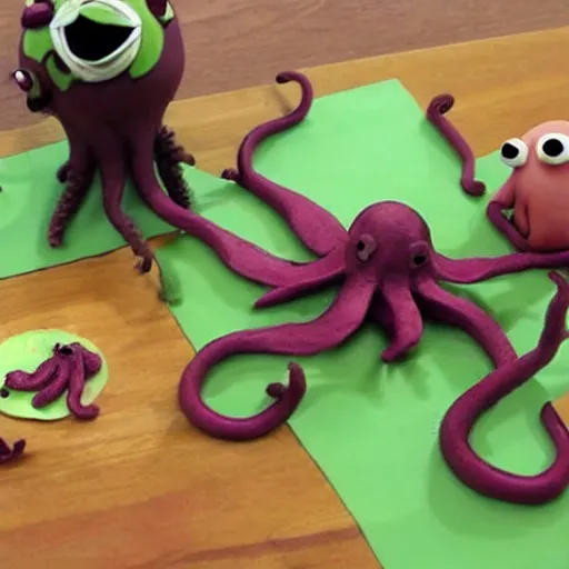 Image similar to a sloppy octopus claymation in the style of aardman