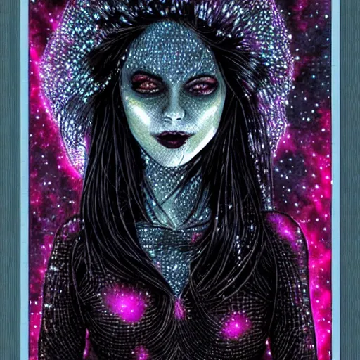 Image similar to vampire woman portrait made out of galaxies, beautiful, cyborg, tim burton comic book art