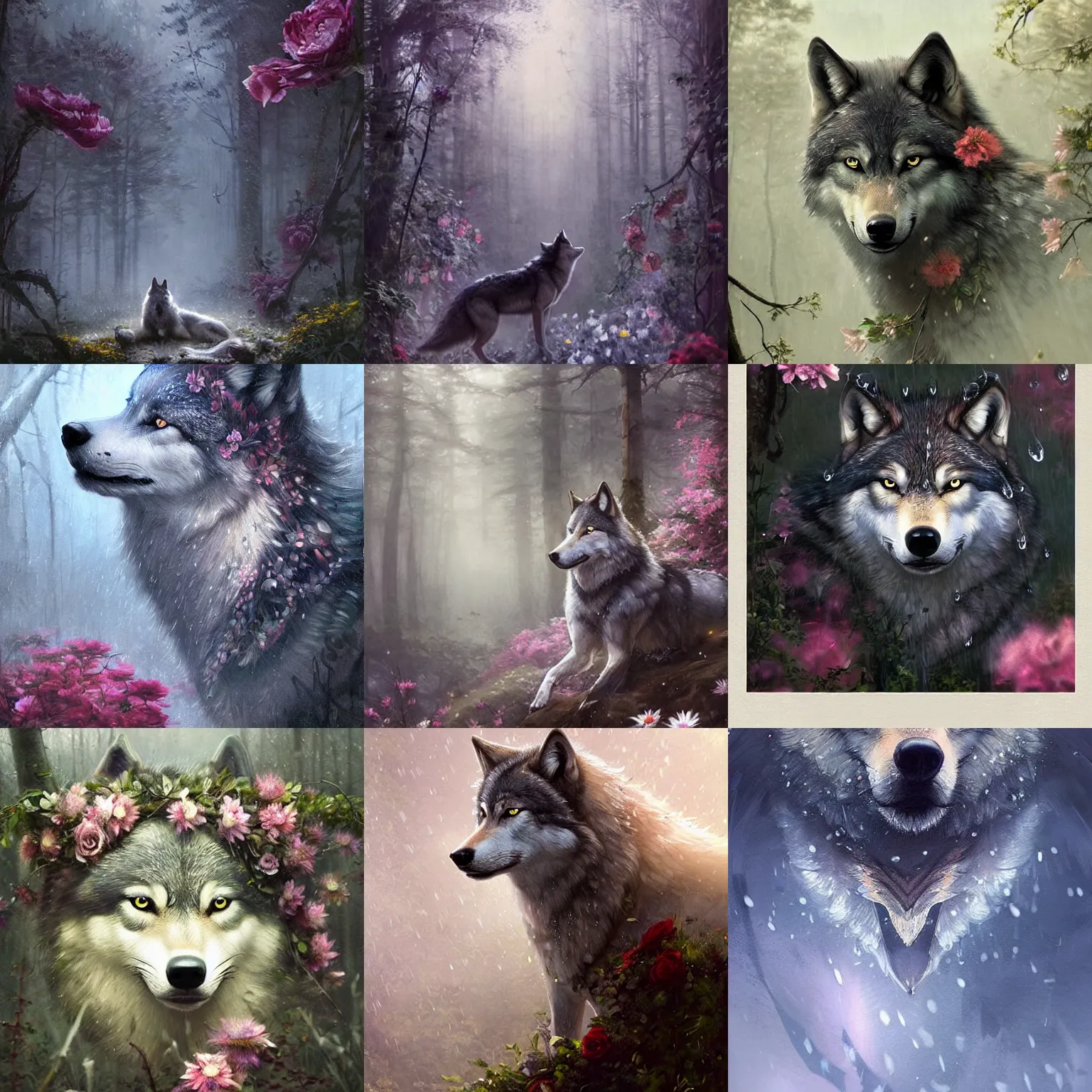 Prompt: a beautiful wolf with flowers around its head!!!, rainy, dreamlike art, mist, realistic shaded, fine details, 4 k realistic, cryengine, realistic shaded lighting poster by greg rutkowski, magali villeneuve, artgerm, jeremy lipkin and michael garmash and rob rey