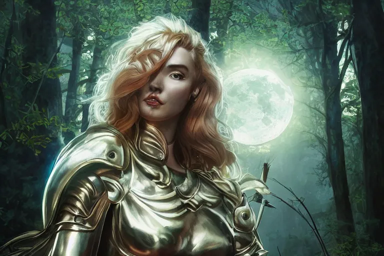 Image similar to Greek Goddess Artemis in moonlit forest wearing leather !!ranger!! armour, surrounded by !animals!, medium shot portrait by artgerm loish and WLOP, octane render, dynamic lighting, asymmetrical portrait, dark fantasy, cool toned, trending on ArtStation