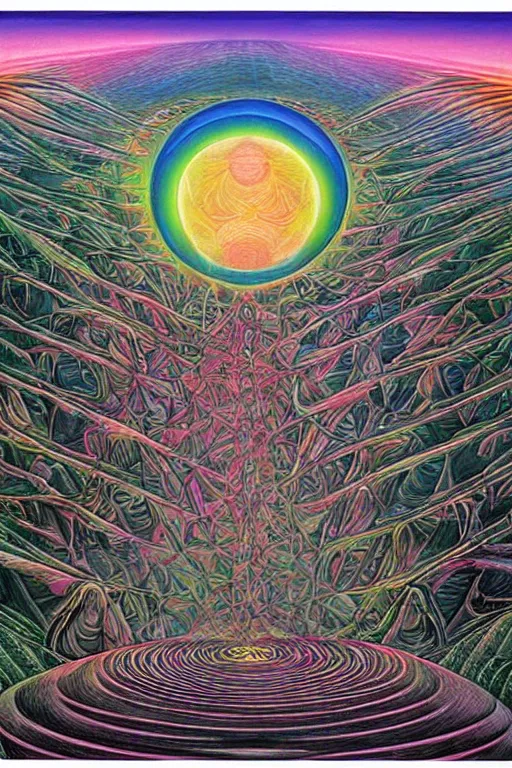 Prompt: beautiful matte solarpunk lake and vision by alex grey