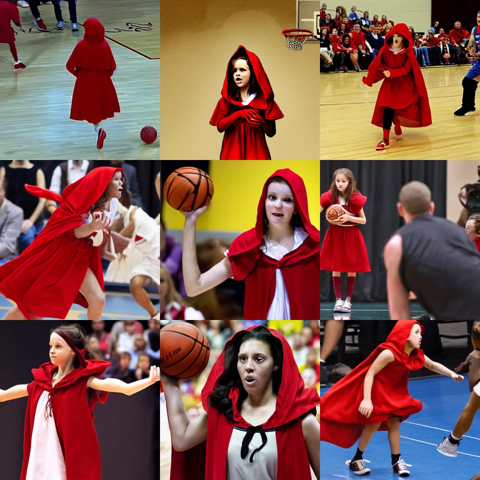 Prompt: Little red riding hood plays basketball against wolves in court to win an oscar
