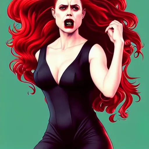 Image similar to vampire : : rafeal albuquerque comic art, artgerm : : gorgeous amy adams : : sharp teeth, open mouth sneer : : symmetrical face, symmetrical eyes : : gorgeous red hair : : magic lighting, low spacial lighting : :