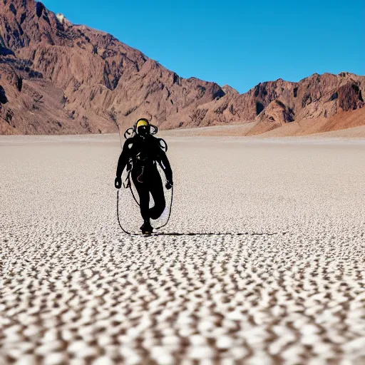 Image similar to a scuba diver with fins on his feet is walking through death valley, bright sunny day, photography, highly detailed, high quality,