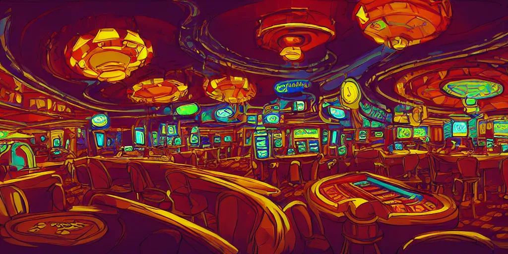 Image similar to extreme wide angle curly perspective digital art of indoor casino with a stage pale colors by anton fadeev from nightmare before christmas