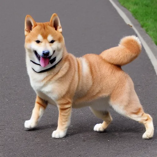 Image similar to Shiba inu morphed with a tabby cat, realistic photo