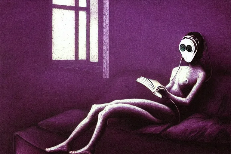 Image similar to girl with wearing a gas mask lying on the sofa reading a book in her room, in the style of beksinski, intricate and epic composition, purple by caravaggio, insanely quality, highly detailed, masterpiece, purple light, artstation, 4 k