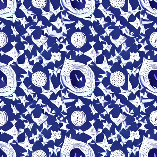 Image similar to a mystical pattern out of stars, the moon and the sun, border pattern, seamless pattern, dark blue and white