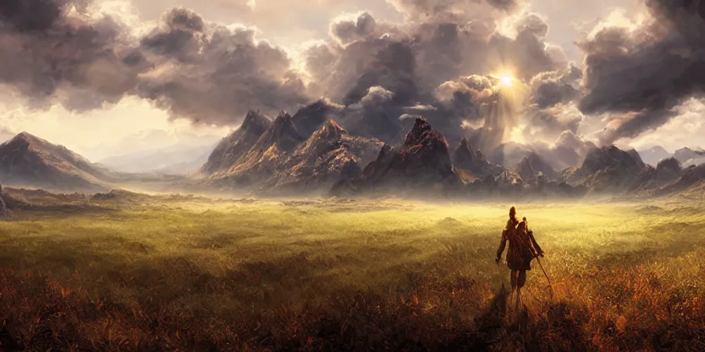 Image similar to a cinematic landscape view looking at an open field with a dragon flying above, mountains in the distance, the sun shines through the parted clouds, digital painting, fantasy, art by alexandre mahboubi and christophe oliver