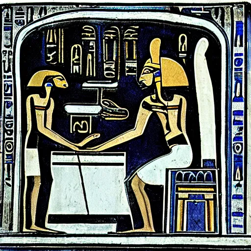 Image similar to ancient egyptian art of anubis working on a computer