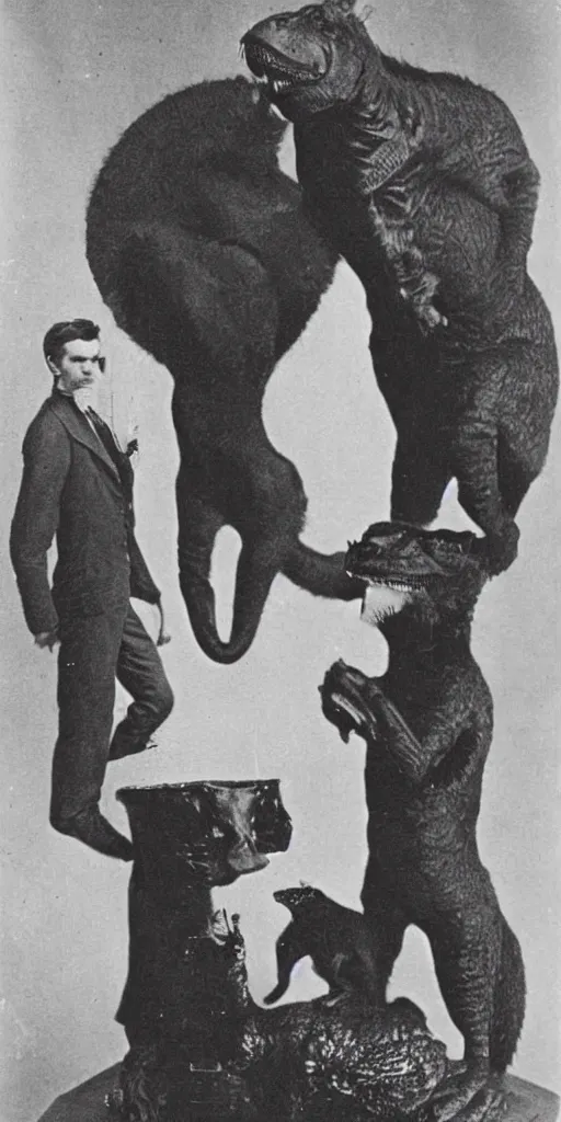 Prompt: t rex and a cat, big hands, big feet, Business men. strange, photograph, 1870s, 1890s
