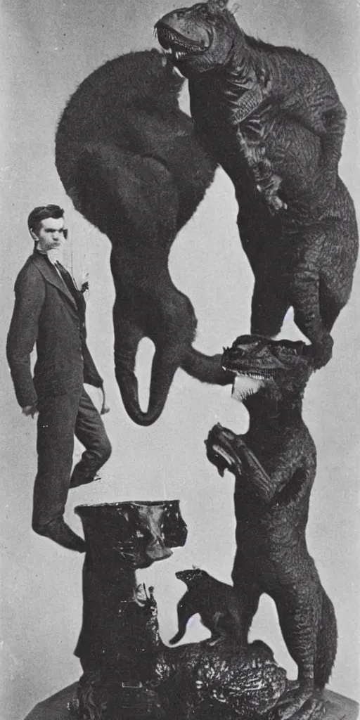 Image similar to t rex and a cat, big hands, big feet, Business men. strange, photograph, 1870s, 1890s