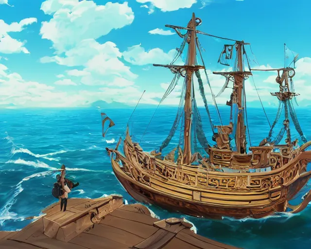 Image similar to a pirate ship on the blue seas, clear, sunny day, beautiful, ripples, waves, reflections on the water, no land, sea, blue sea, anime, wide shot. By Makoto Shinkai, Stanley Artgerm Lau, WLOP, Rossdraws, James Jean, Andrei Riabovitchev, Marc Simonetti, krenz cushart, Sakimichan, D&D trending on ArtStation, digital art.