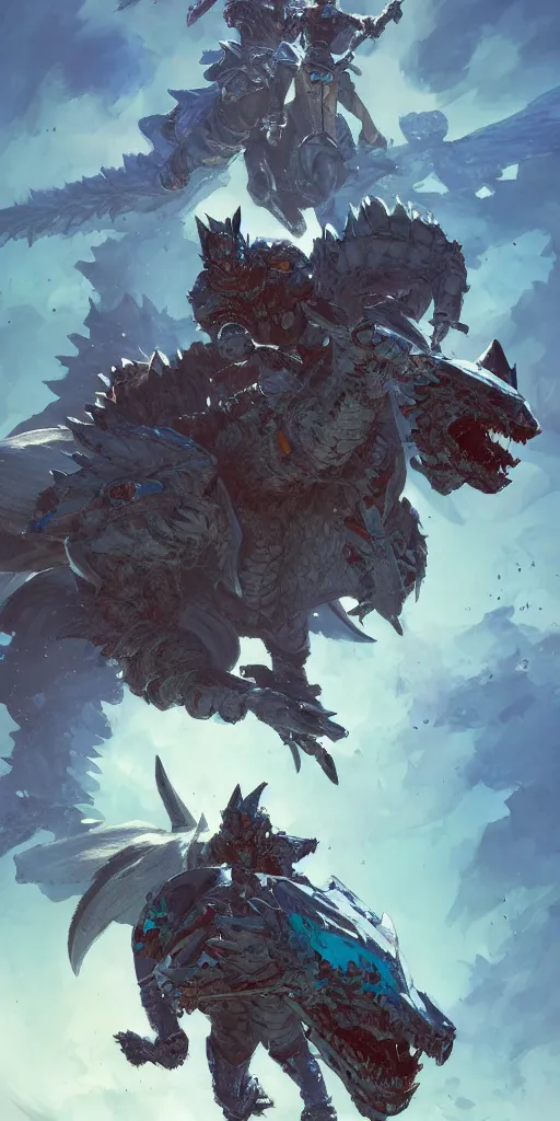 Image similar to Azure armored knight riding a wolf mount, Monster Hunter Illustrations art book, Moebius, Greg Rutkowski, Zabrocki, Karlkka, Jayison Devadas, Phuoc Quan, trending on Artstation, 8K, ultra wide angle, zenith view, pincushion lens effect.