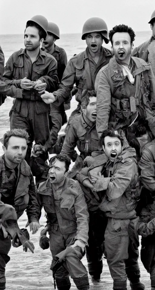 Image similar to charlie day, rob mcelhenney, glenn howerton, kaitlin olson, and danny devito are storming the beaches of normandy, 1 9 4 5, black and white, horrorscape