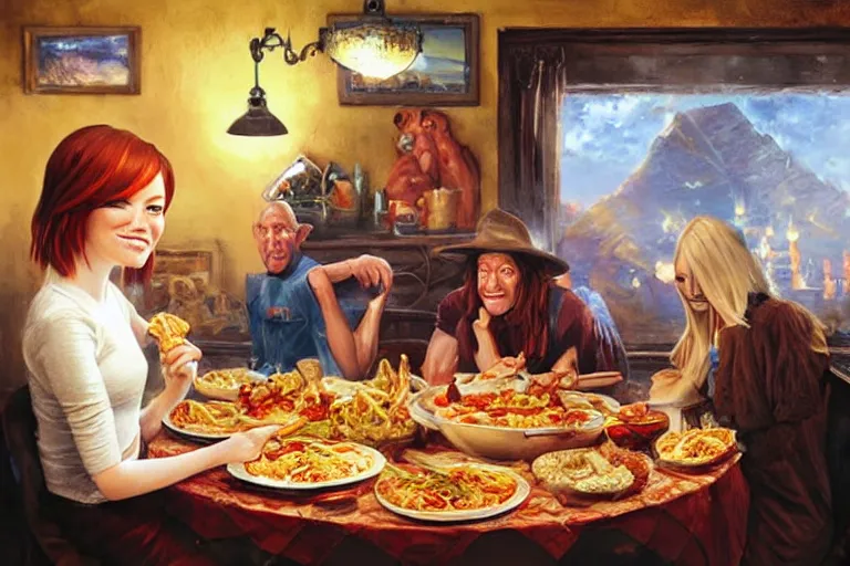 Prompt: emma stone having a spaghetti dinner with michael berryman, an oil painting by ross tran and thomas kincade