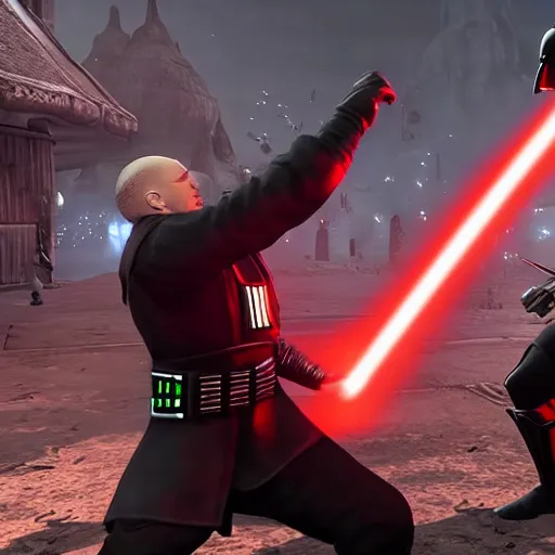 Prompt: darth vader fights a fat russian alcoholic in mortal kombat 1 1