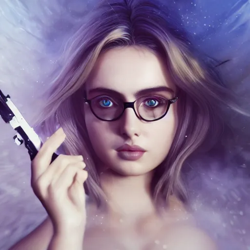 Prompt: a beautiful + blonde + dragon queen + white hair + cool black glasses + holding pistol + tights + ana de armas, floating under the deep dream water, beautiful smooth soft light + white petal, oil paint, cinematic lighting, octane render, unreal engine 5, closeup, 4 k, highly detailed, instagram,