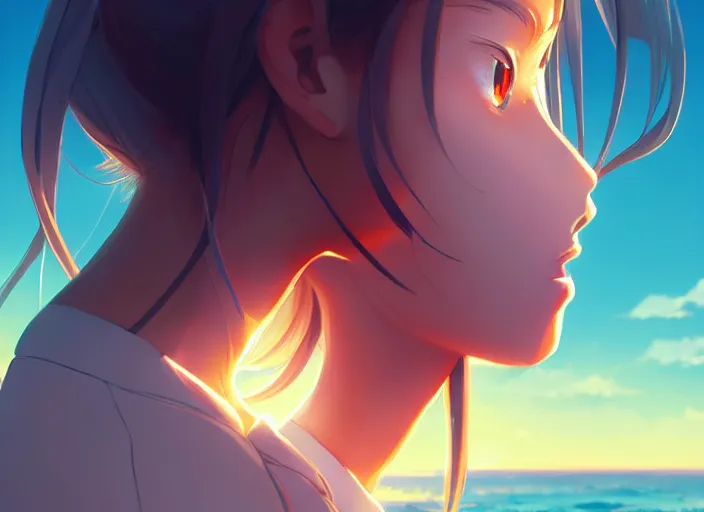 Image similar to side portrait of cute girl, sunset sky in background, beach landscape, illustration concept art anime key visual trending pixiv fanbox by wlop and greg rutkowski and makoto shinkai and studio ghibli and kyoto animation, futuristic aerodynamic wheelchair, symmetrical facial features, future clothing, volumetric lighting, backlit