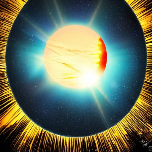 Image similar to shield around the sun, seen from planet earth, trending on art station, retro futurism, photo realistic, perspective