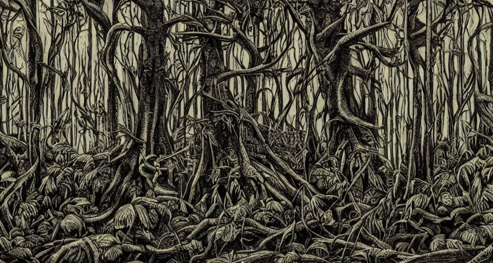 Image similar to A dense and dark enchanted forest with a swamp, by ED roth