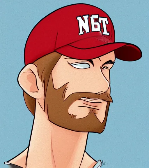 Image similar to tall skinny white guy with very short blonde beard wearing an nc state red baseball cap and red shirt full color digital illustration in the style of don bluth, artgerm, artstation trending, 4 k