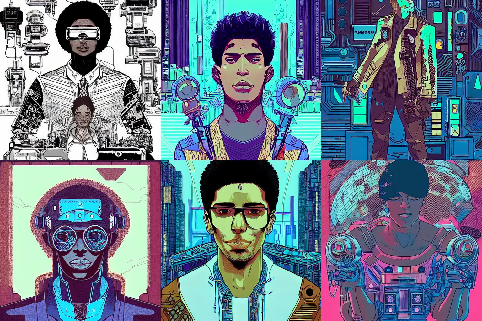 Prompt: “in the style of josan Gonzalez a portrait of a young and suave brown skinned cyberpunk teenager surrounded by futuristic devices, highly detailed”