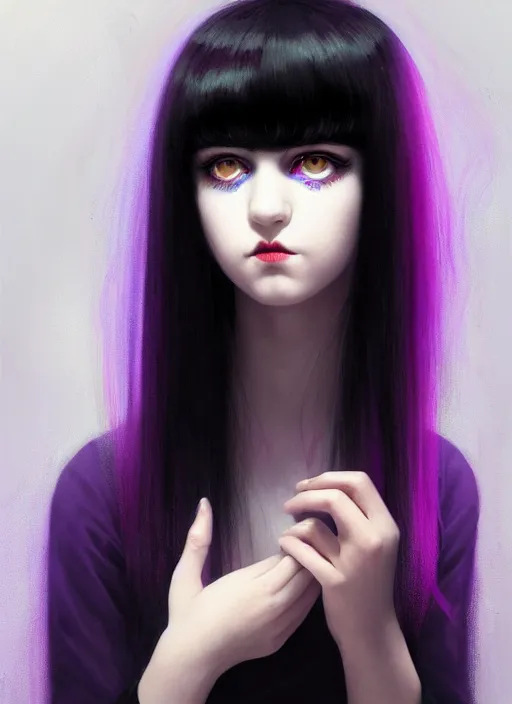 Image similar to hair blackbangs hair, white hair, blackbangswhitehair, portrait of teenage girl with black bangs, red irises, purple clothes, black bangs, bangs are white hair is black, intricate, elegant, glowing lights, highly detailed, digital painting, artstation, concept art, sharp focus, illustration, art by wlop, mars ravelo and greg rutkowski