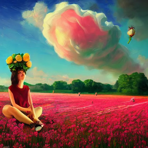 Prompt: giant rose flower head, girl sitting in a flower field, surreal photography, sunrise, dramatic light, impressionist painting, colorful clouds, digital painting, artstation, simon stalenhag