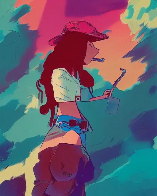 Image similar to girl with beret smoking a cigarette, colored manga panel, drawn by Anton Fadeev