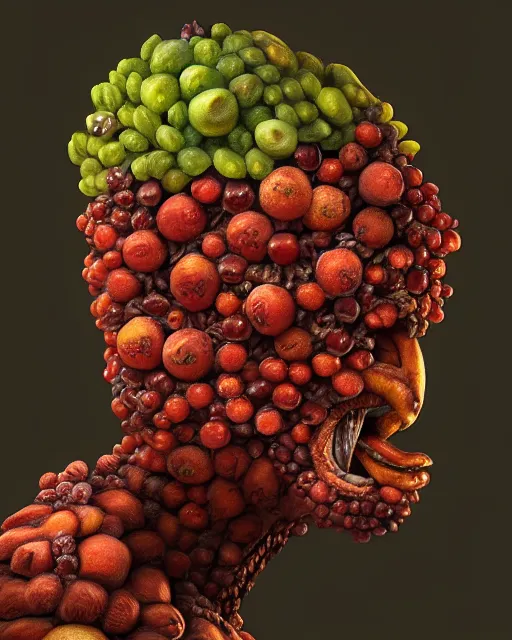 Image similar to portrait of a fruit figurine monster made of different fruit, staring eyes, open mouth, forest background, sunlight, concept art, oil painting, highly detailed, dramatic lighting, hyperrealistic, 8 k, smooth, intricate, artstation, cgsociety, by artgerm, by wlop