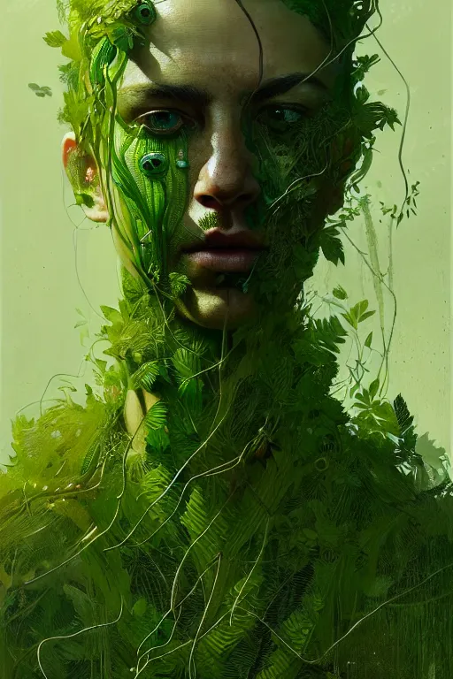 Prompt: detailed portrait of person made of green vines, plants, horror, gritty, elegant, luxury, by ismail inceoglu dragan bibin hans thoma greg rutkowski alexandros pyromallis nekro rene maritte illustrated, perfect face, fine details, realistic shaded