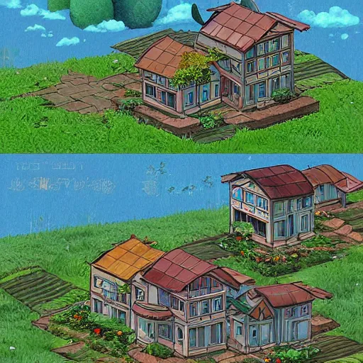 Image similar to ghibli style solarpunk scenery and house on a hill _ h 7 6 8