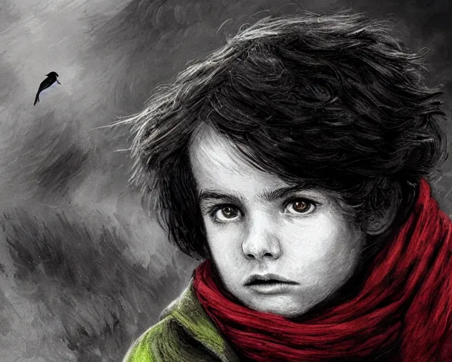 Image similar to a black and white highly detailed digital painting of a young boy with a red scarf, medium long brown hair, green eyes, is looking at a bird, ethereal, horror, fantasy art by greg rutkowski and magali villeneuve and claude monet black and white but the eyes are green and the scarf is red