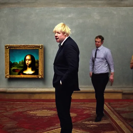 Prompt: Boris Johnson throwing tomatoes at the Mona Lisa