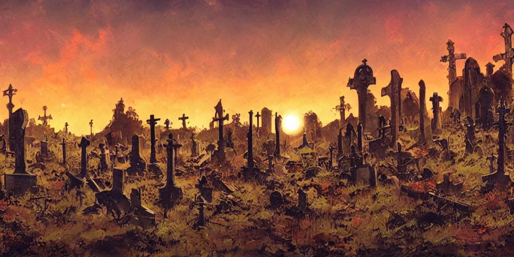 Prompt: abandoned graveyard of cyborgs backlight sunset panorama by frazetta