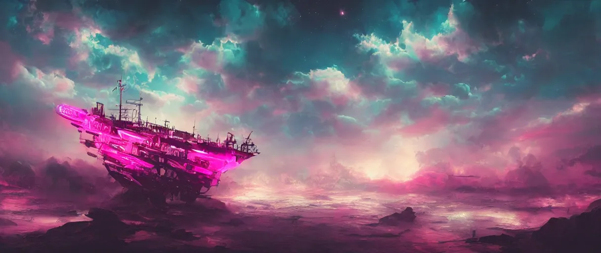 Prompt: heaven pink, portrait punk, pink mohawk, space, hyperdetailed illustration, stars, neon, oil painting, rich deep colors masterpiece, ultra detailed, contrast, clouds, volumetric light, atmospheric lighting, pirate neon ship, dramatic, cinematic, moody, octane render 4 k, 8 k