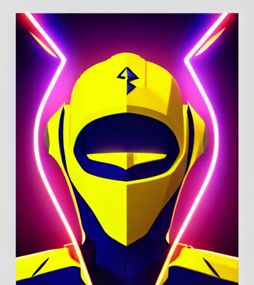 Prompt: symmetry!! yellow ranger, lightning - bolt - shaped eye - lense!!, hard edges, product render retro - futuristic poster scifi, thunderbolt and neon circuits, thunder strikes, intricate, elegant, highly detailed, digital painting, artstation, concept art, smooth, sharp focus, illustration, dreamlike, art by artgerm